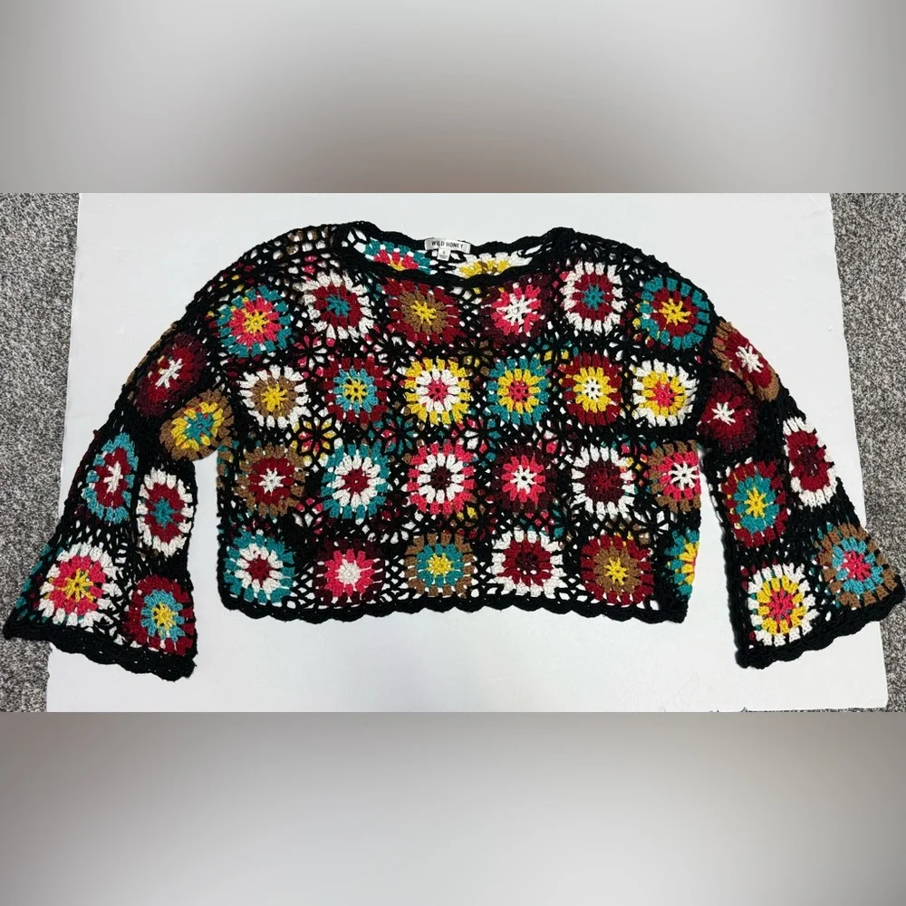 Wild Honey oversized bell sleeve Multicolor Crochet Knit cropped Sweater S - Picture 6 of 14